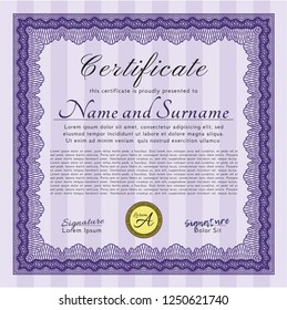 Violet Diploma template or certificate template. With complex background. Money Pattern. Vector illustration. 