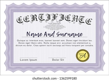 Violet Diploma template or certificate template. With complex background. Detailed. Good design. 