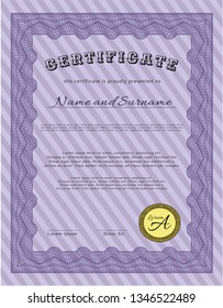 Violet Diploma template or certificate template. Cordial design. With background. Vector illustration. 