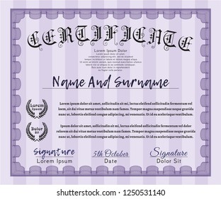 Violet Diploma template or certificate template. Detailed. With guilloche pattern and background. Money design. 