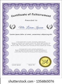 Violet Diploma template or certificate template. Detailed. With complex background. Retro design. 