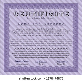 Violet Diploma template or certificate template. Easy to print. Retro design. Detailed. 