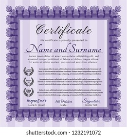 Violet Diploma template or certificate template. Easy to print. Vector illustration. Sophisticated design. 