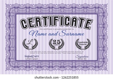 Violet Diploma template or certificate template. Easy to print. Detailed. Cordial design. 