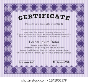 Violet Diploma template or certificate template. Elegant design. With quality background. Vector illustration. 