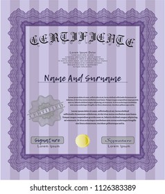 Violet Diploma template or certificate template. Good design. With guilloche pattern and background. Customizable, Easy to edit and change colors. 