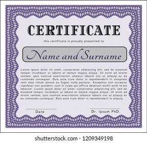 Violet Diploma template or certificate template. Good design. Vector illustration. Complex background. 