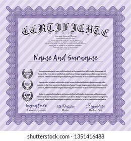 Violet Diploma template or certificate template. Good design. With guilloche pattern and background. Vector illustration. 