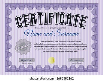 Violet Diploma template or certificate template. With great quality guilloche pattern. Vector illustration. Lovely design. 