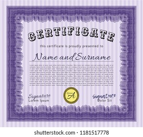 Violet Diploma template or certificate template. With guilloche pattern and background. Money design. Detailed. 