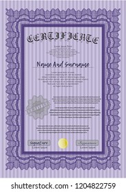 Violet Diploma template or certificate template. With guilloche pattern and background. Detailed. Artistry design. 