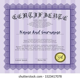 Violet Diploma template or certificate template. With guilloche pattern and background. Detailed. Artistry design. 