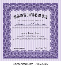 Violet Diploma template or certificate template. With guilloche pattern. Vector illustration. Cordial design. 