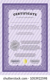 Violet Diploma template or certificate template. With linear background. Detailed. Nice design. 