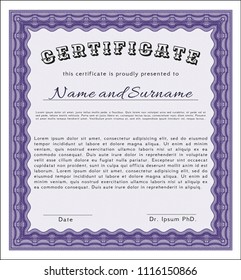 Violet Diploma template or certificate template. With linear background. Detailed. Lovely design. 