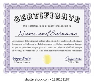 Violet Diploma template or certificate template. With linear background. Cordial design. Detailed. 