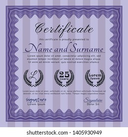 Violet Diploma template or certificate template. With linear background. Vector illustration. Money Pattern. 