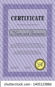 Violet Diploma template or certificate template. Modern design. With guilloche pattern and background. Detailed. 