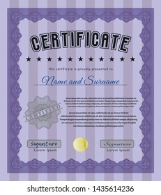 Violet Diploma template or certificate template. Nice design. Vector illustration. With linear background. 