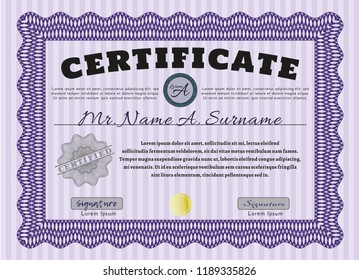 Violet Diploma template or certificate template. Perfect design. With complex background. Detailed. 