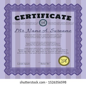 Violet Diploma template or certificate template. Retro design. With guilloche pattern and background. Customizable, Easy to edit and change colors. 