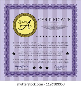 Violet Diploma template or certificate template. Vector illustration. Easy to print. Lovely design. 