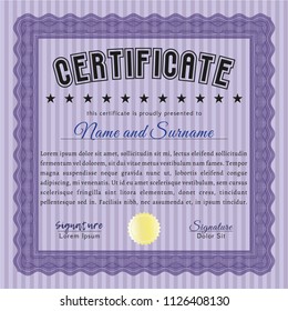 Violet Diploma template or certificate template. Vector illustration. With complex background. Money Pattern. 
