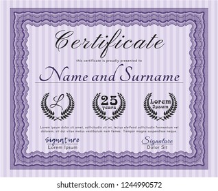 Violet Diploma template or certificate template. Vector illustration. Printer friendly. Money Pattern design. 