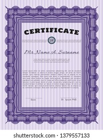 Violet Diploma template or certificate template. Vector illustration. Easy to print. Money Pattern. 