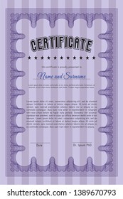 Violet Diploma template or certificate template. Vector illustration. Printer friendly. Lovely design. 
