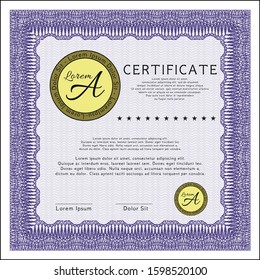 Violet Diploma template or certificate template. Vector illustration. With guilloche pattern and background. Money Pattern design. 