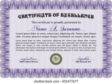 Violet Diploma template or certificate template. Vector pattern that is used in money and certificate. With quality background. Beauty design. 