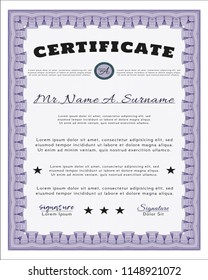 Violet Diploma template. Complex background. Detailed. Cordial design. 