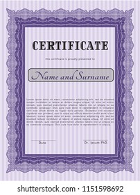 Violet Diploma template. With complex linear background. Detailed. Money Pattern. 