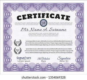 Violet Diploma template. With complex linear background. Vector illustration. Money Pattern. 