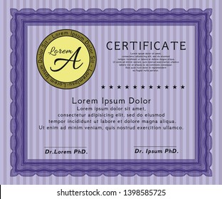 Violet Diploma template. Cordial design. Detailed. With complex linear background. 