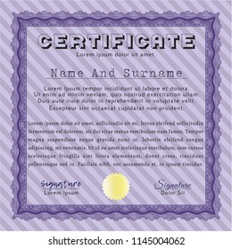 Violet Diploma template. Detailed. With background. Money Pattern design. 