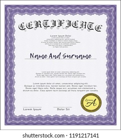 Violet Diploma template. Detailed. With background. Superior design. 