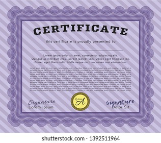 Violet Diploma template. Detailed. With great quality guilloche pattern. Modern design. 