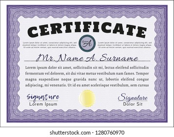 Violet Diploma template. Excellent design. With linear background. Vector illustration. 