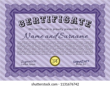 Violet Diploma template. With guilloche pattern and background. Vector illustration. Artistry design. 