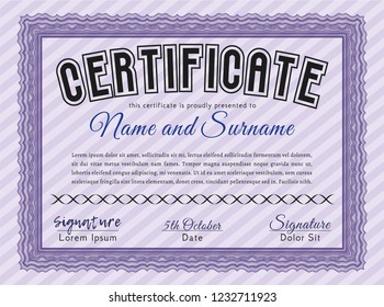Violet Diploma template. With linear background. Vector illustration. Money Pattern design. 