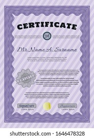 Violet Diploma template. With linear background. Detailed. Beauty design. 