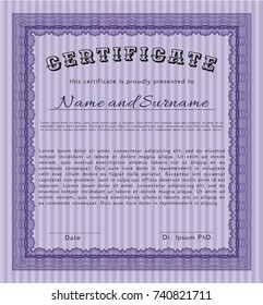 Violet Diploma template. With linear background. Detailed. Money design. 