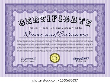 Violet Diploma template. Money Pattern design. Vector illustration. With guilloche pattern and background. 