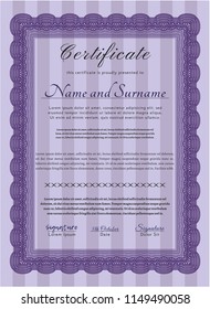 Violet Diploma template. Perfect design. With guilloche pattern. Vector illustration. 
