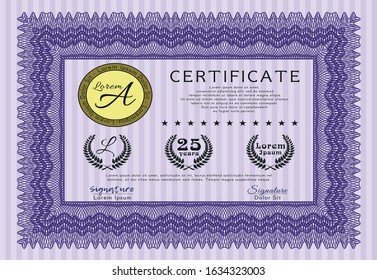 Violet Diploma template. With quality background. Cordial design. Vector illustration. 