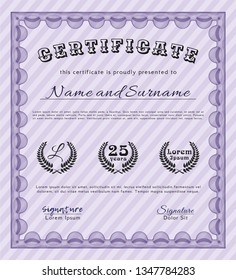 Violet Diploma template. Retro design. With guilloche pattern. Customizable, Easy to edit and change colors. 