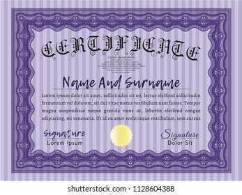 Violet Diploma template. Superior design. Vector illustration. With great quality guilloche pattern. 