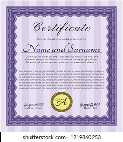 Violet Diploma template. Vector illustration. With guilloche pattern. Elegant design. 